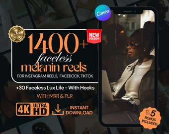 Może przedstawiać: Grafika produktu cyfrowego z tekstem "1400+ faceless melanin reels" i "FOR INSTAGRAM REELS, FACEBOOK, TIKTOK". Grafika zawiera również tekst "+30 Faceless Lux Life - With Hooks", "WITH MRR & PLR", "4K ULTRA HD" i "INSTANT DOWNLOAD". Grafika ma kolorystykę czerwono-biało-niebieską.