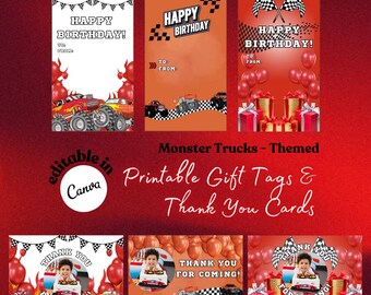 Monster Truck Gift Tags, Printable Thank You Cards, Birthday Cards, Editable Thank You Cards, Monster Jam Hangtag, Toy Trucks Party Favors