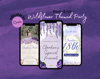 Wildflower Invite, E-invitations, Canva Invitation, 18th Birthday Invitation, 18th Birthday Digital Invitation, Purple Birthday, Party Evite