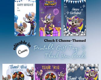 Chuck E Cheese Party Gift Tags, Printable Thank You Card, Birthday Card, Editable Thank You Note, Chuck E Cheese Themed Kids Party Hangtag