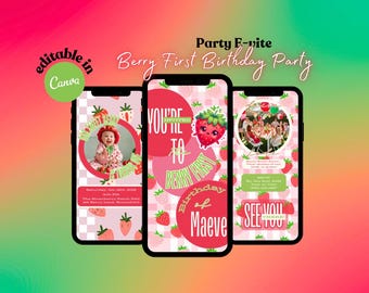 Berry First Online Birthday Invitations, Strawberry Digital Invite, Berries Birthday Evite For Boys & Girls, Editable Kids Birthday Invite