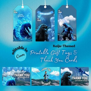 May include: A collection of Kaiju-themed printable gift tags and thank you cards. The tags feature illustrations of a monster, with text that reads "Happy Birthday", "Thank You", and "For Celebrating With Me!" The cards are editable in Canva.