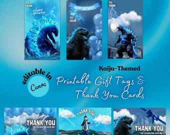 Kaiju Gift Tags, Printable Godz-illa Thank You Cards, Monster Party Favors, Editable Birthday Card, Giant Monster Kids Party Favors, Hangtag