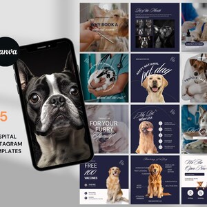 Instagram social media kit for pet hospitals with 65 customizable templates showcasing pets and vet care services designed for clinics to promote their services online using Canva