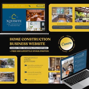 Può includere: Un mockup di sito web per un'azienda di costruzioni edili chiamata "Xquisite Home Improvements & Construction". Il sito web presenta uno schema di colori giallo e nero con immagini di varie ristrutturazioni di case, tra cui cucine, patii ed estensioni. Il sito web include anche una sezione per le domande frequenti.
