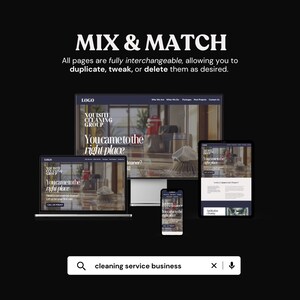 Multiple devices showing the cleaning service website. Text emphasizes fully interchangeable pages, allowing duplication, tweaks, or deletions. Search bar at bottom for cleaning service business.