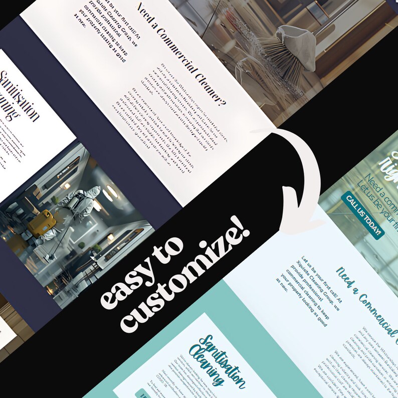 Screenshots of different versions of the cleaning service website. Text highlights easy customization to match your brand. Arrow points to various design options.