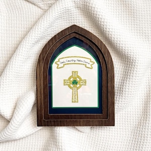 handmade arched framed god, country, notre dame gold celtic cross decor | notre dame gift | notre dame art | notre dame decor | notre dame