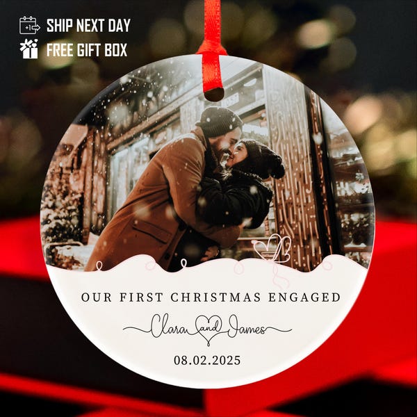 Personalized Engagement Photo Ornament • Custom Christmas Keepsake • for Newly Engaged & Newlyweds • Wedding Clients Gift