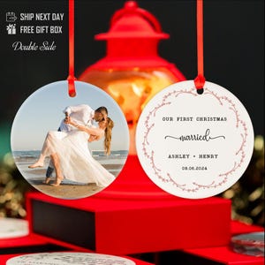 Personalized Double Sided Ornament - Custom Wedding Photo Gift - For Married Couples