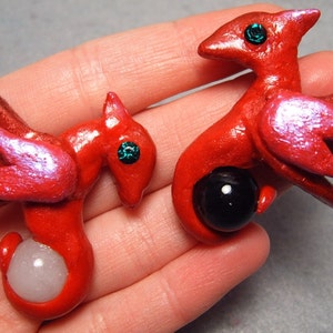 Orb Guardian Pendant Set, polymer clay dragons with 12mm rainbow obsidian and white jade beads