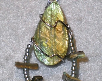 Orbiting - stainless steel wire-wrapped labradorite and abalone chips