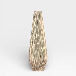 May include: A tall, tapered vase with a light beige base colour and a textured surface featuring vertical, thin, dark brown lines that run from the narrow top opening down to the wider, flat base, creating a consistent, repeating pattern.