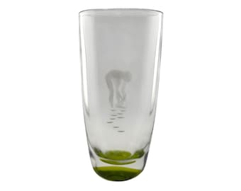 Signed Kosta Art Glass Vase, Vicke Lindstrand, Mid Century Scandinavian Engraved Green Base
