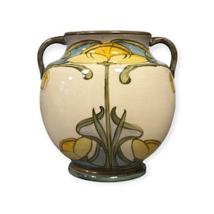 Antike Jugendstil Blumenvase, Englisch Tube Lined Pottery, Keramikvase mit zwei Griffen, Kunsthandwerk-Dekor, Keramikvase um 1900