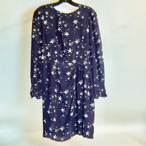 STAR-PRINT SILK Dress, Tara Jarmon, Navy-Blue, Draped front, 3/4 Sleeved Luxury Dress with Frills on the Cuffs image 2