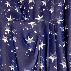STAR-PRINT SILK Dress, Tara Jarmon, Navy-Blue, Draped front, 3/4 Sleeved Luxury Dress with Frills on the Cuffs image 6