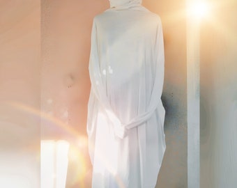 NEW MINIMALIST hooded cocoon dress, tunic, top. seasonless clothing, extra-long sleeves, transforming neck, knee length, multi use