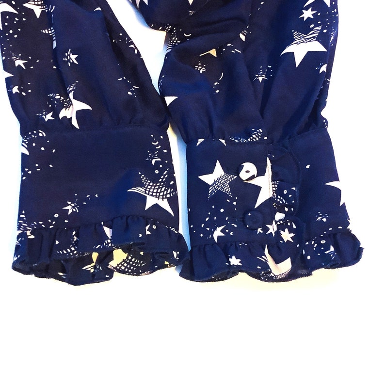 STAR-PRINT SILK Dress, Tara Jarmon, Navy-Blue, Draped front, 3/4 Sleeved Luxury Dress with Frills on the Cuffs image 7