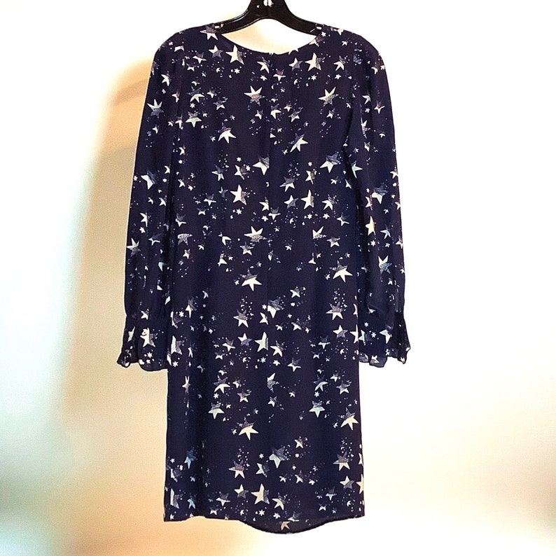 STAR-PRINT SILK Dress, Tara Jarmon, Navy-Blue, Draped front, 3/4 Sleeved Luxury Dress with Frills on the Cuffs image 3