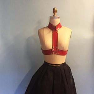 Puede incluir: Un arnés de cuero rojo con remaches dorados y un diseño de cuello. El arnés se muestra en un maniquí, combinado con una falda negra. El arnés presenta una correa central y correas horizontales en el pecho.