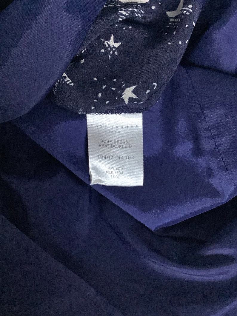 STAR-PRINT SILK Dress, Tara Jarmon, Navy-Blue, Draped front, 3/4 Sleeved Luxury Dress with Frills on the Cuffs image 10
