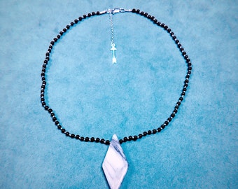 black onyx necklace w/ green earth jasper rhombus, hand knotted beads with silk cord, sterling silver findings