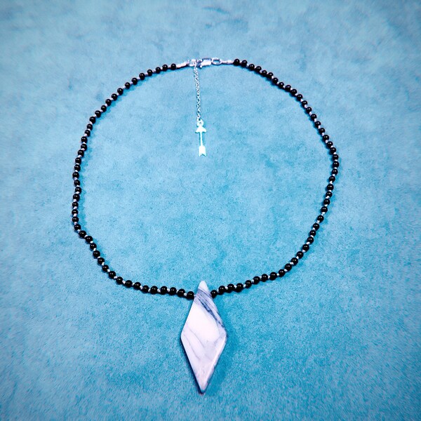 black onyx necklace w/ green earth jasper rhombus, hand knotted beads with silk cord, sterling silver findings