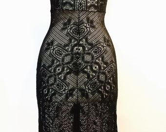 VIVIENNE TAM LACE Dress, Vintage Mid/Late 90s Dress, Black Lace Dress, Spaghetti Straps, Below The Knee Length, Fabulous Lace Design