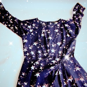 STAR-PRINT SILK Dress, Tara Jarmon, Navy-Blue, Draped front, 3/4 Sleeved Luxury Dress with Frills on the Cuffs image 1