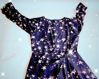 STAR-PRINT SILK Dress, Tara Jarmon, Navy-Blue, Draped front, 3/4 Sleeved Luxury Dress with Frills on the Cuffs