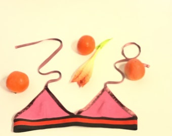 Bralette Re-Form n.° 1, cachemir rosa, estilo halter, cachemir recuperado, nuevos adornos