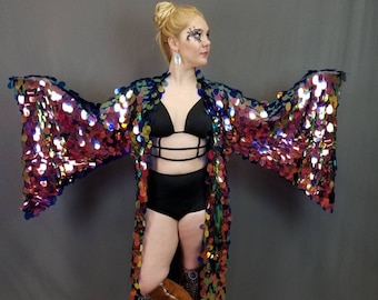 Fire Sequin Kimono - Jumbo Iridescent Paillette Sequin Mermaid Kimono Robe Bell Sleeve Music Festival