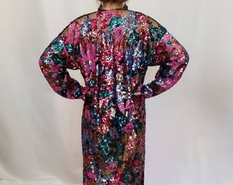 Floral Sequin Duster / Long Sheer Coat / Sequin Robe / Flower Sequin Jacket / Sequin Kimono