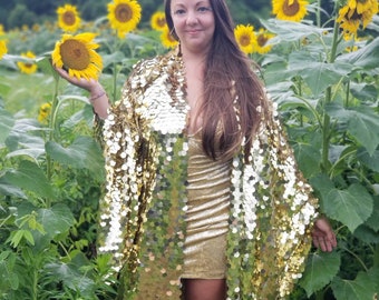 Shiny Gold Sequin Kimono | Long Bell Sleeve Festival Robe