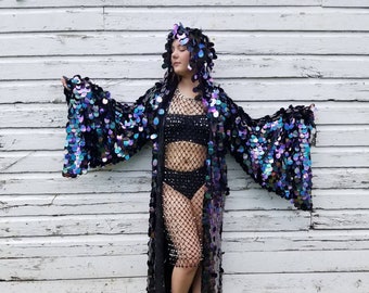 Jumbo Raven zwarte benzine pailletten kimono met capuchon | Rave-kimono | Burning Man ⎪ Lange tovenaarsklokmouw ⎪ Muziekfestival