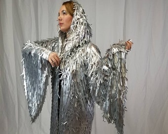 Silver Tinsel Sequin Kimono | Hooded Rave Kimono | Long Wizard Bell Sleeve ⎪ Music Festival