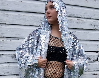 Holographic Rainbow Silver Glitter Sequin Hooded Kimono Robe | Long Wizard Bell Sleeve ⎪ Music Festival