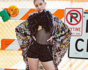 Floral Sequin Kimono / White Combo /Wizard Bell Sleeve / Maxi Length / Plus Size Available