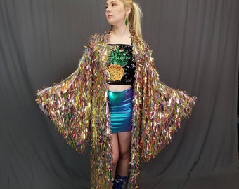 Regenboogzwaard paillettenkimono | Rave-kimono | Jurk met pailletten | Grote maat kimono | Festivalkleed