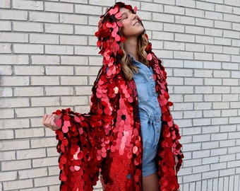 Red Holographic Glitter Hooded Sequin Kimono | Plus Size Kimono | Rave Kimono | Burning Man ⎪ Long Wizard Bell Sleeve ⎪ Red Riding Hood |
