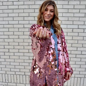 Pink Sequin Bell Sleeve Kimono / Festival Robe / Sequin Kaftan