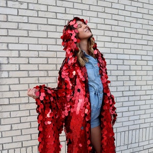 Red Holographic Glitter Hooded Sequin Kimono Plus Size Kimono Rave Kimono Burning Man Long Wizard Bell Sleeve Red Riding Hood image 1