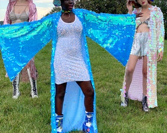 Iridescent Sky Blue Bell Sleeve Music Festival Sequin Robe