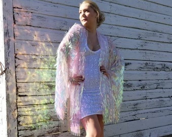 Pink Iridescent Bell Sleeve Sequin Kimono / Short Festival Robe / Rave Wizard Sleeve Cardigan