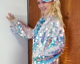 Iridescent Sequin Kimono Robe | Maxi Length Bell Sleeve Festival Wear