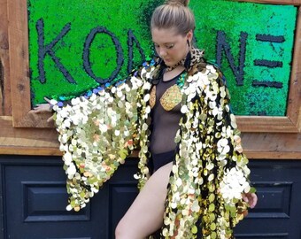 Gold Disco Ball Sequin Kimono | Rave Kimono ⎪Bell Sleeve ⎪ Music Festival / Burlesque
