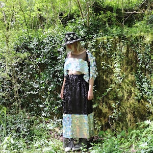 Full Slit Maxi Skirt - Holographic Silver and Matte Black Sequin - Festival Skirt