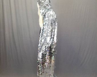 Disco Ball Silver Sequin Kimono / Long Sleeve Hooded Kimono / Maxi Length