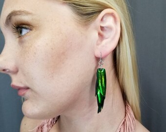 Lightweight Iridescent Green Beetle Wing Dangle Earrings